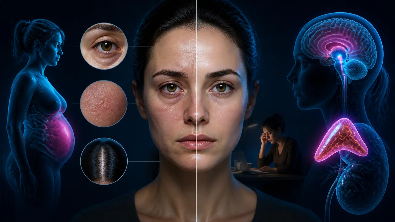 Editorial illustration for Cortisol face: stress, skin, hair, and weight