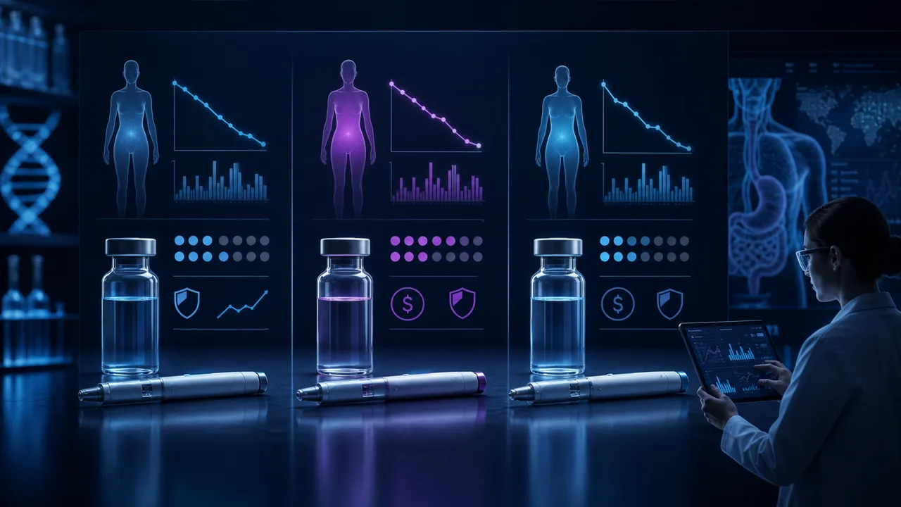 Editorial illustration for GLP-1 comparison tool: semaglutide vs tirzepatide vs liraglutide