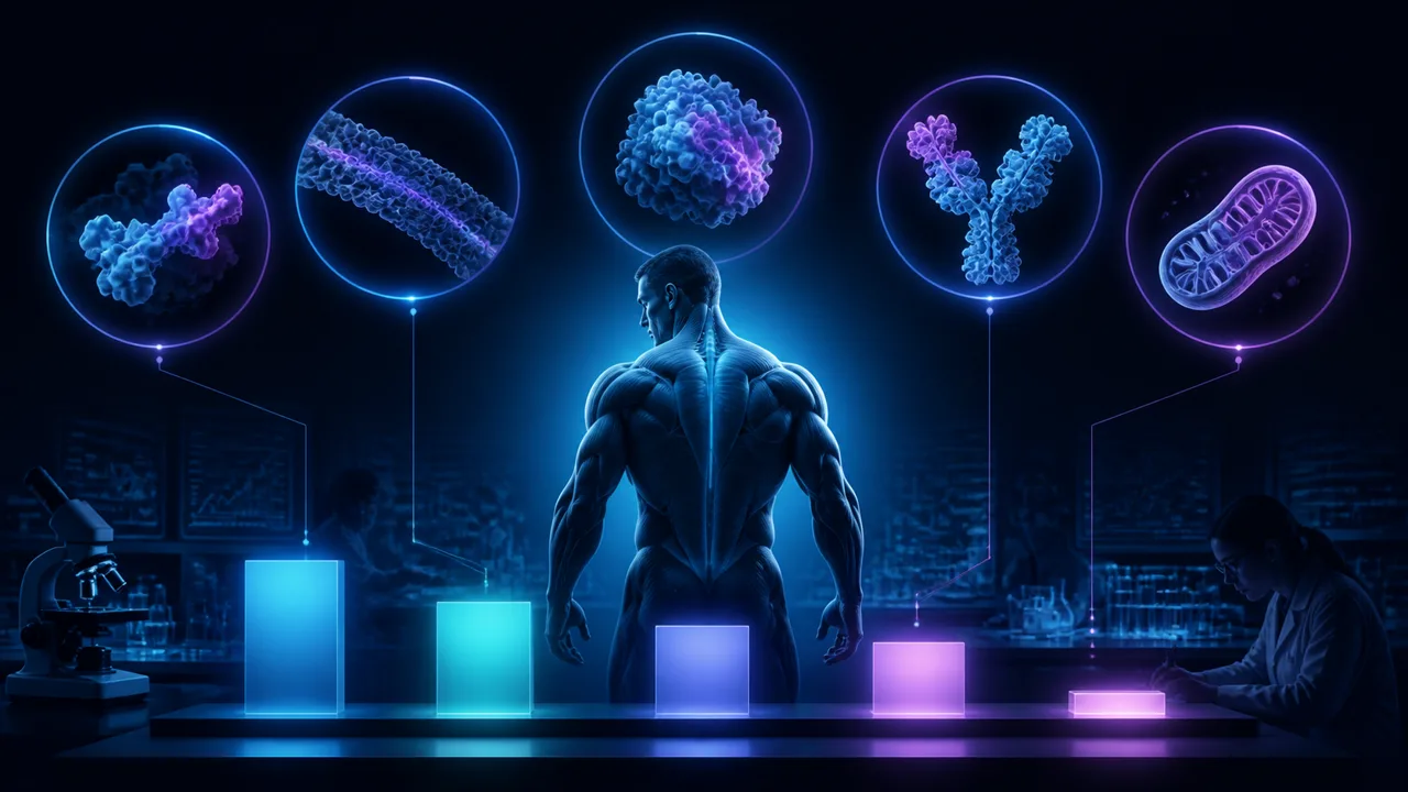 Editorial illustration for Muscle-building peptides: evidence vs hype