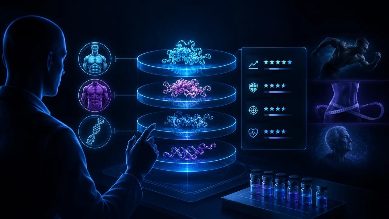 Editorial illustration for Peptide stack builder: how peptide combinations are put together