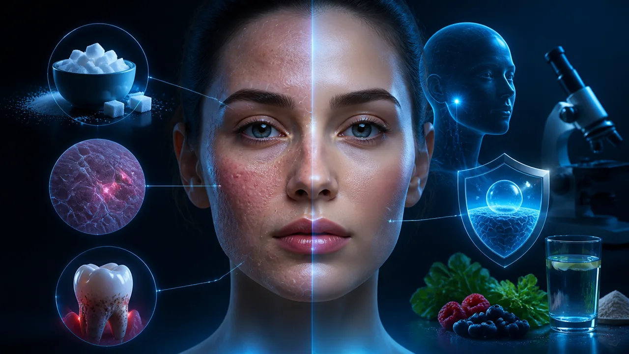 Editorial illustration for Sugar face guide: what sugar actually does to skin, teeth, and glycation