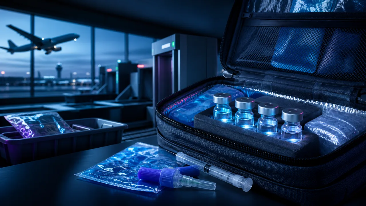 Editorial illustration for Traveling with peptides: can you fly? TSA, cold chain, and customs rules