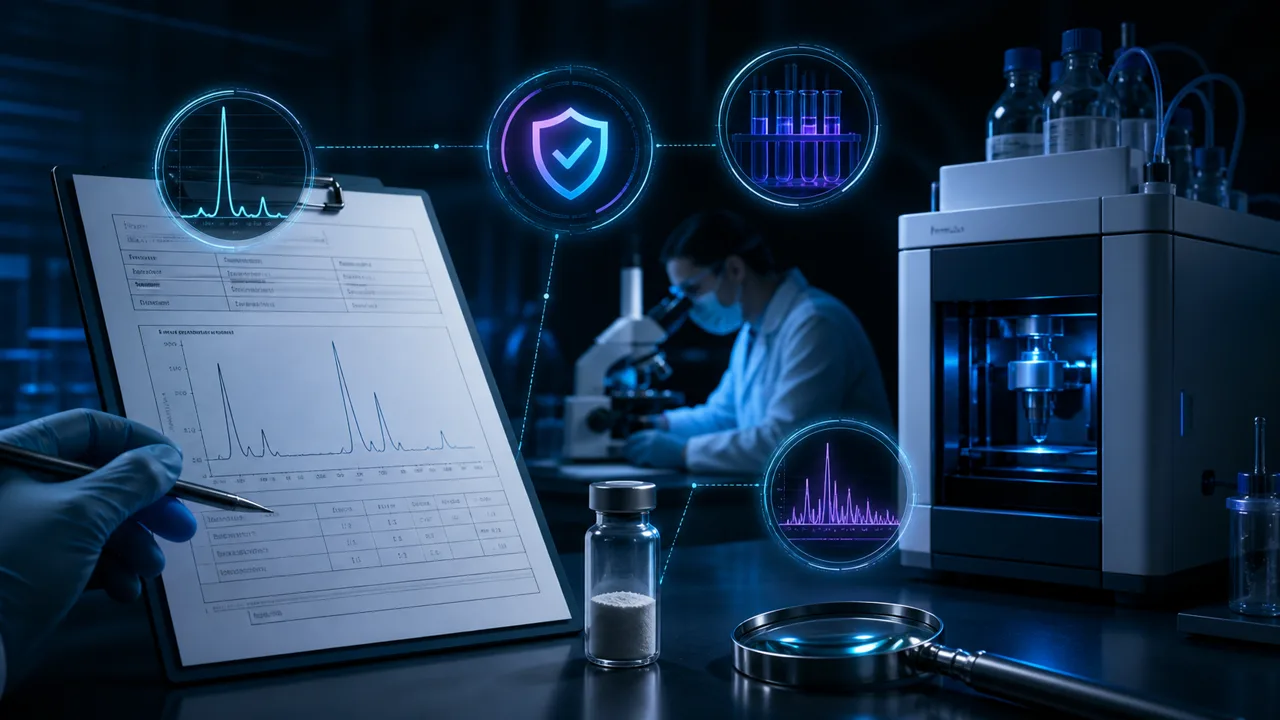 Editorial illustration for Vetting research peptides: COAs, HPLC, and third-party testing