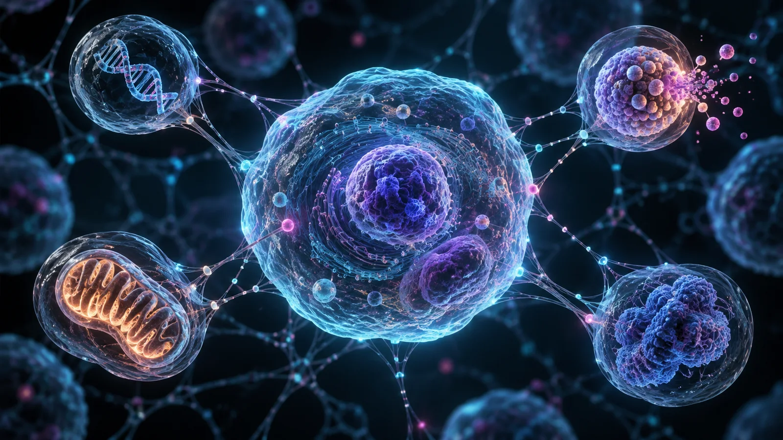 A conceptual cell linked to circular views of DNA, a mitochondrion and other cellular structures.