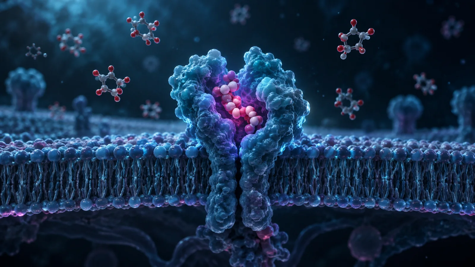 A stylized membrane receptor surrounding a pink molecular form, with small ring-shaped forms nearby.