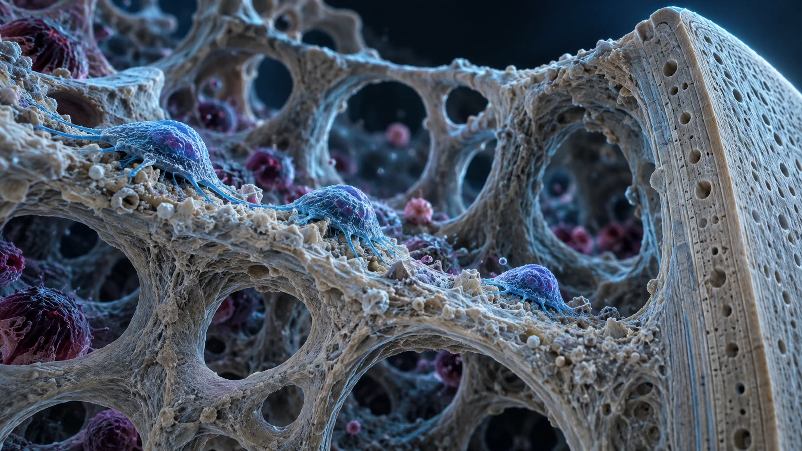 Illustrated porous bone and a dense outer layer, with colored cells along the bone surfaces.