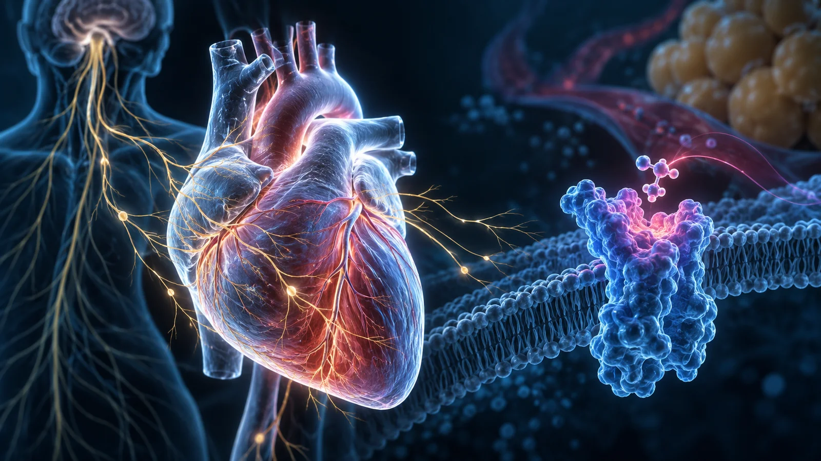 Conceptual heart and branching nerves beside a stylized receptor in a cell membrane.