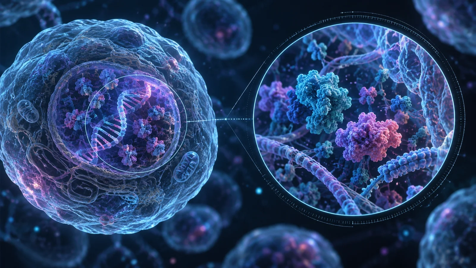 Conceptual cell with a DNA helix and a circular close-up of chromatin and protein-like structures.