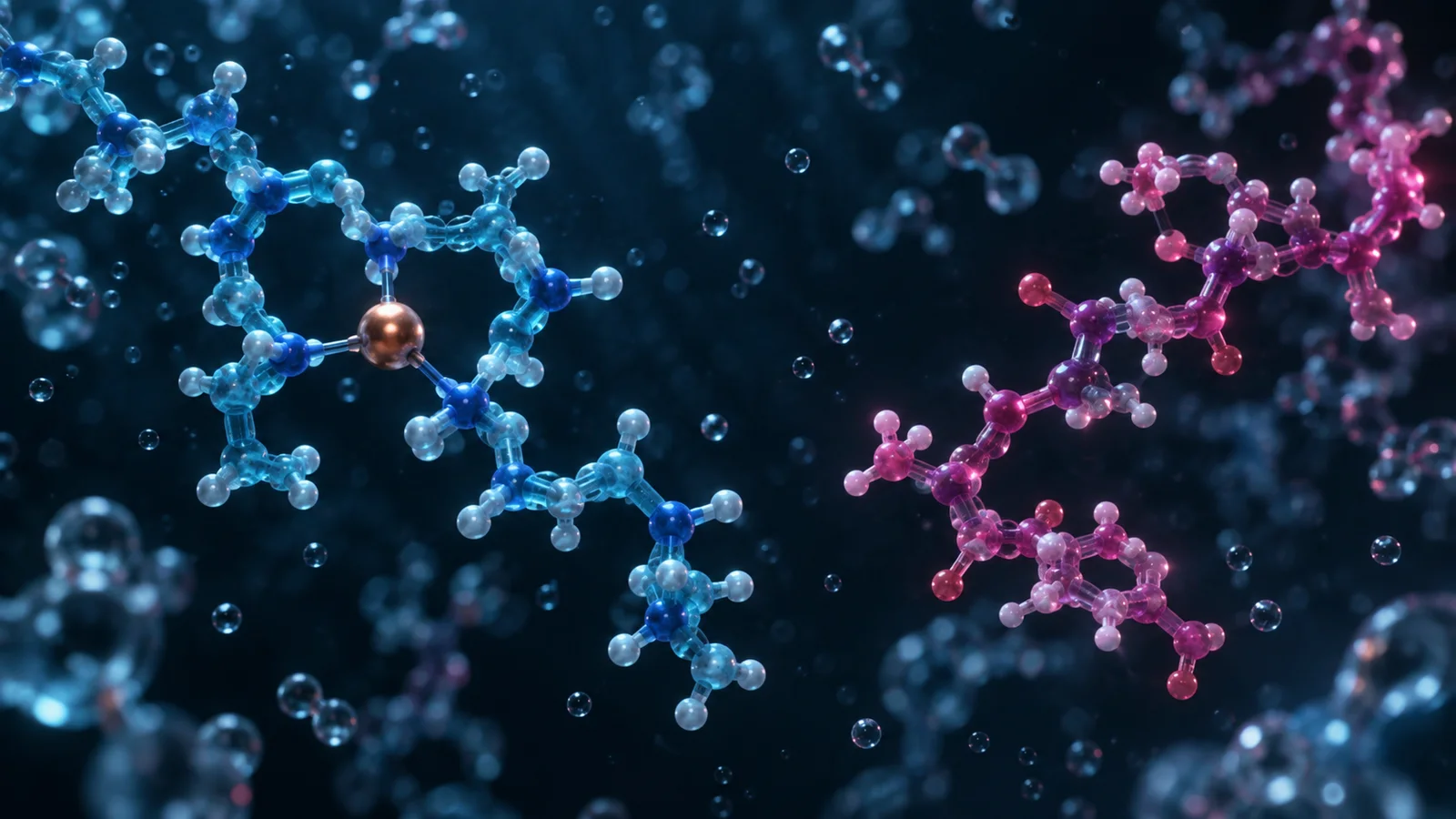Conceptual blue and pink molecular forms, with a copper-colored sphere within the blue form.