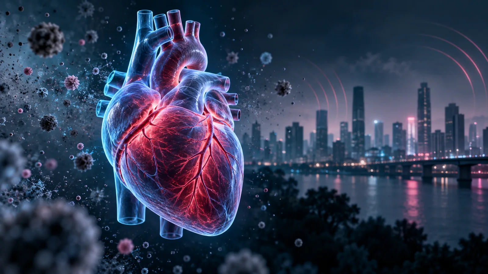 Conceptual heart surrounded by airborne particles, with a city skyline and curved wave lines behind it.