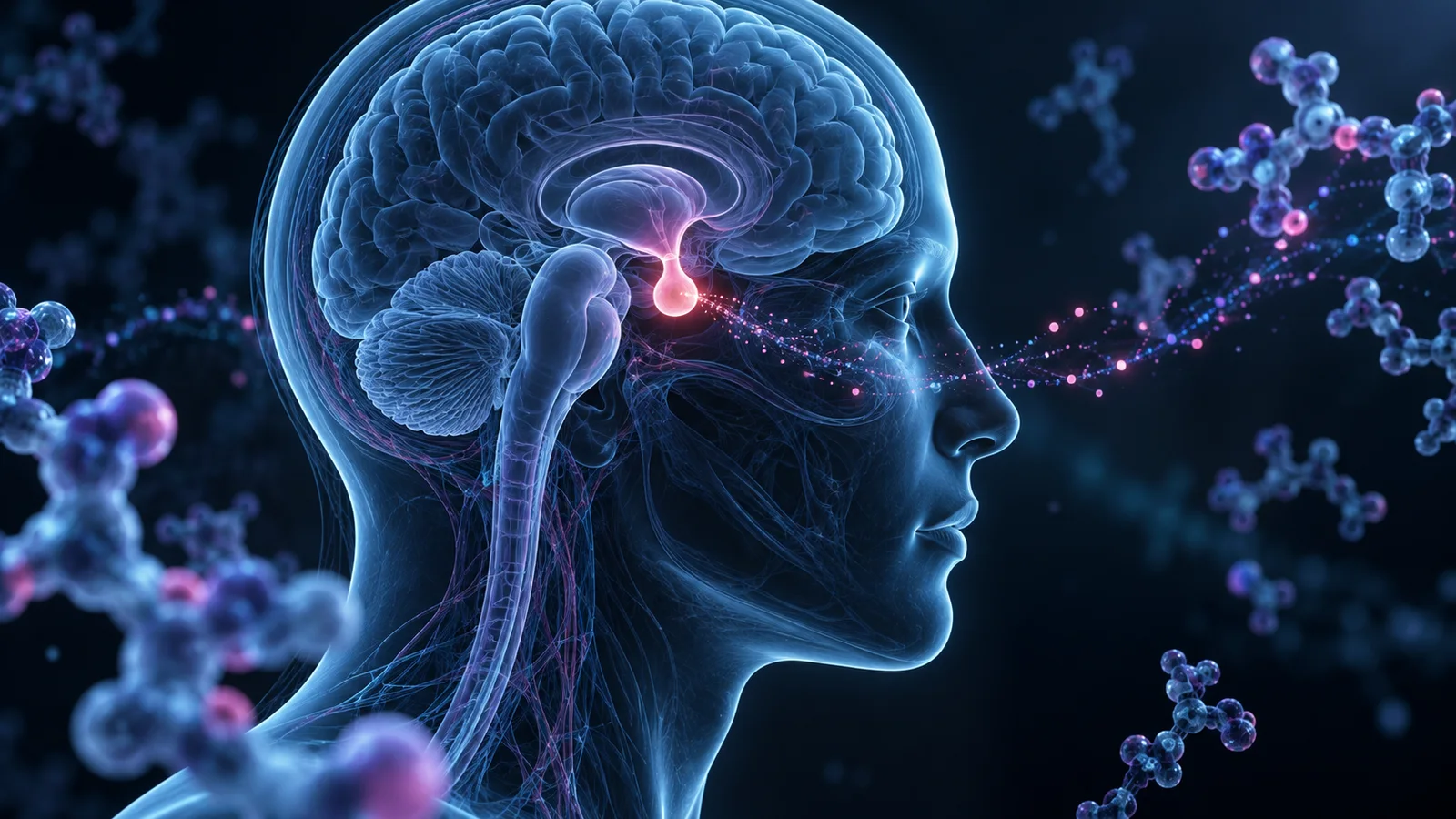 Conceptual head cross-section with a highlighted pituitary gland and trails of colored particles.