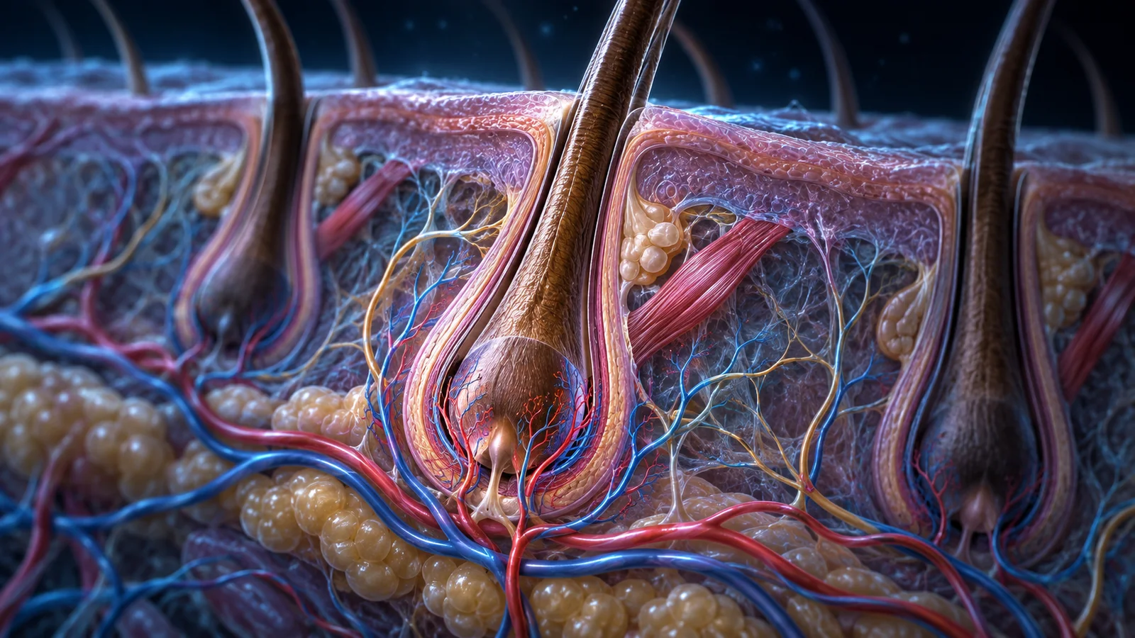 Illustrated scalp cross-section showing hair follicles, small blood vessels and surrounding tissue.