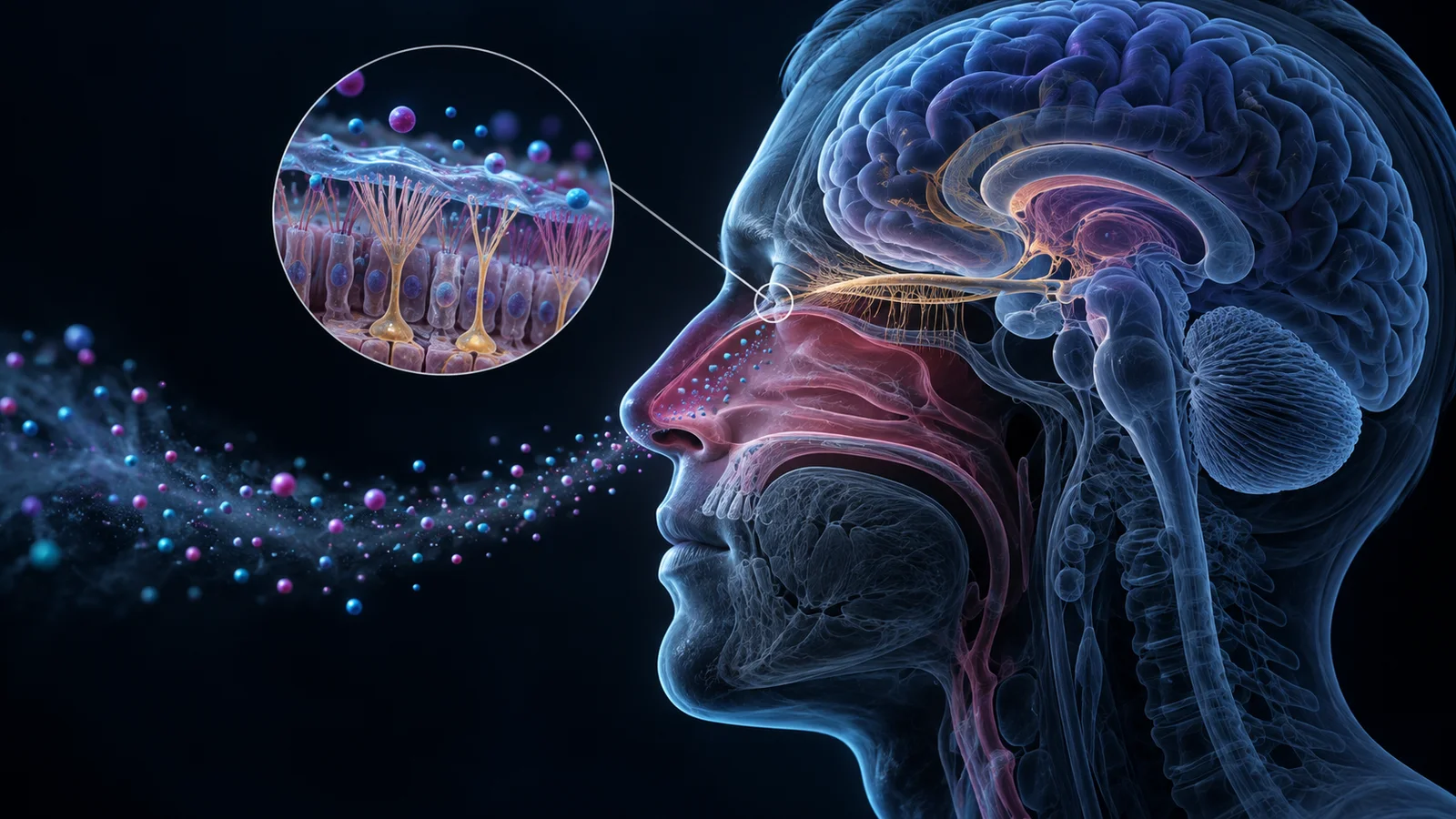 Conceptual cross-section of a head showing the nasal cavity, brain and a magnified nasal tissue inset.