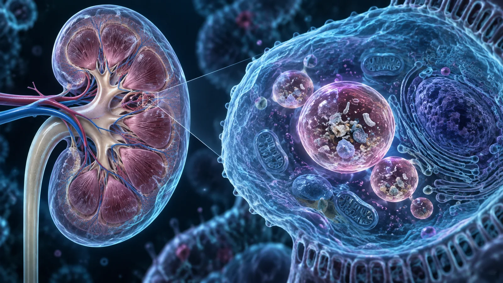 Illustrated kidney cross-section beside an enlarged cell containing vesicles and cellular fragments.
