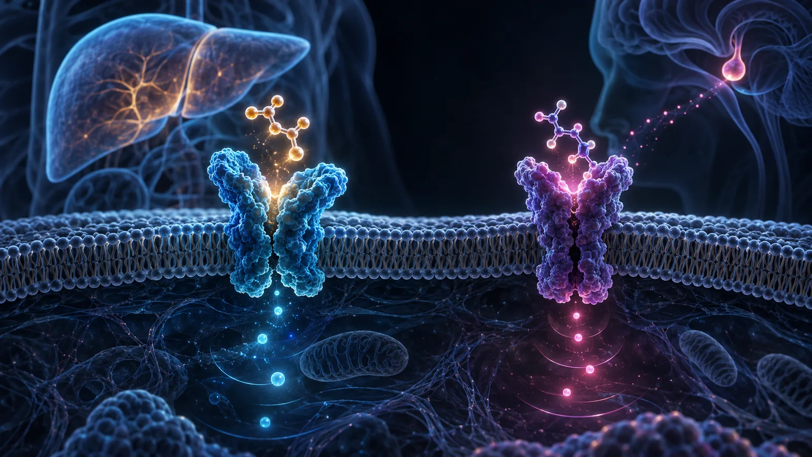 Two stylized membrane receptors beneath translucent liver and brain outlines.