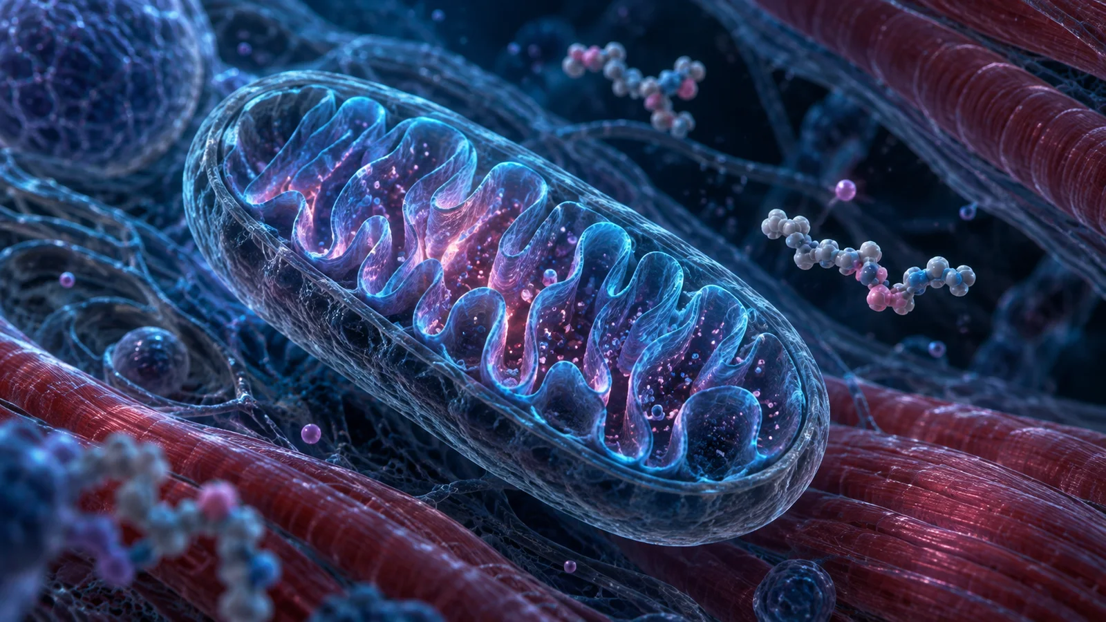 Conceptual mitochondrion with folded inner membranes, surrounded by muscle fibers and small molecular forms.