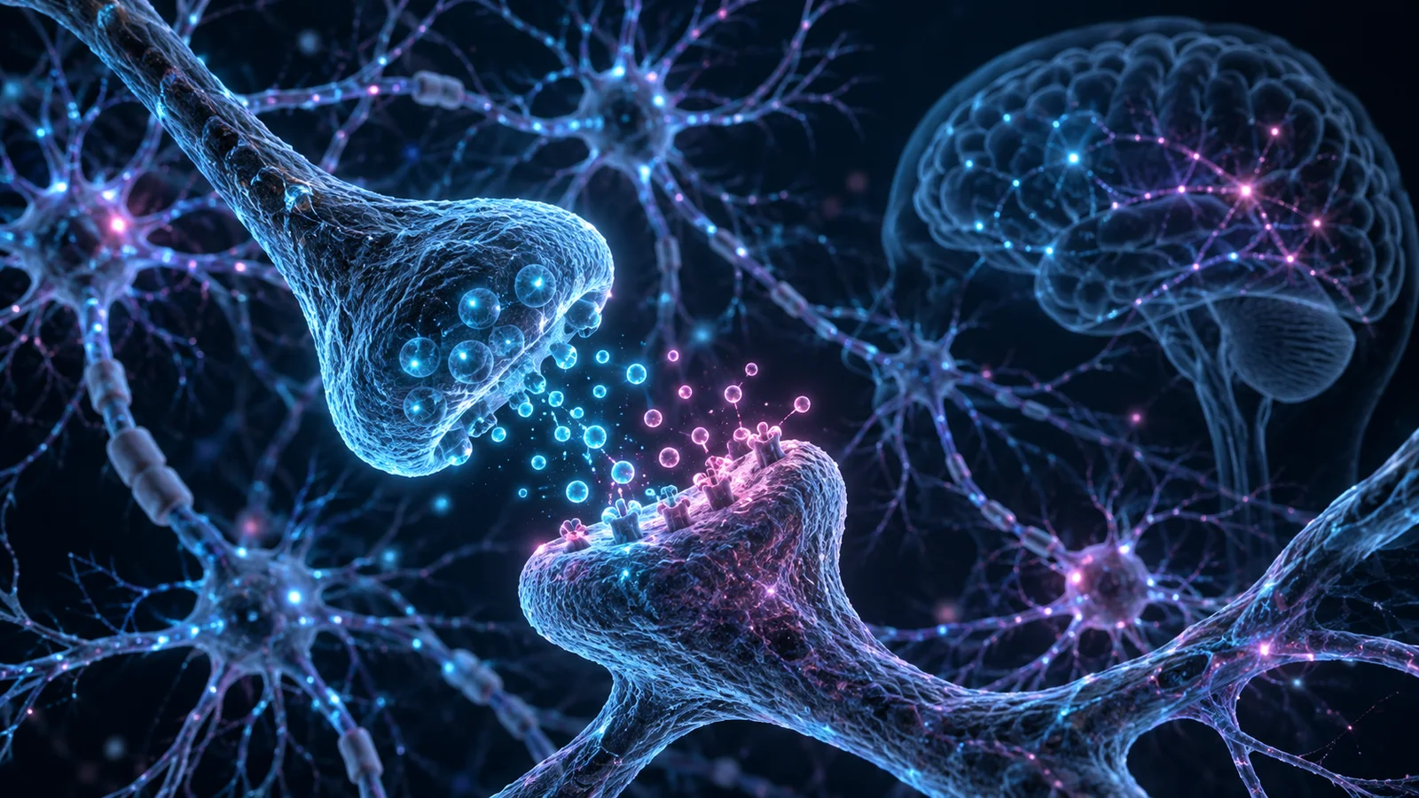Conceptual synapse with blue and pink signals, surrounded by neurons and a faint brain outline.