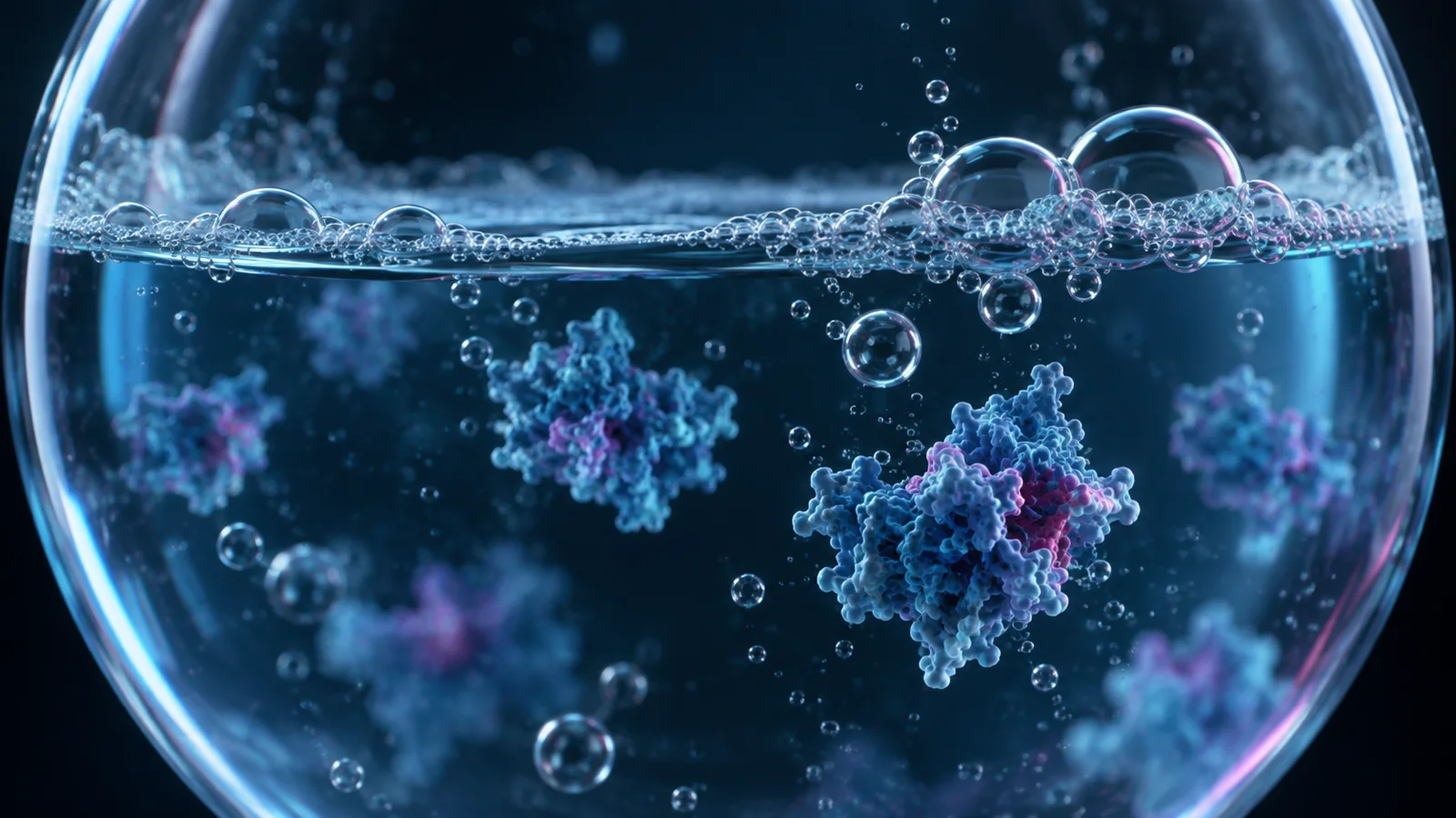 Conceptual protein-like shapes suspended below bubbles at a liquid surface in a glass vessel.