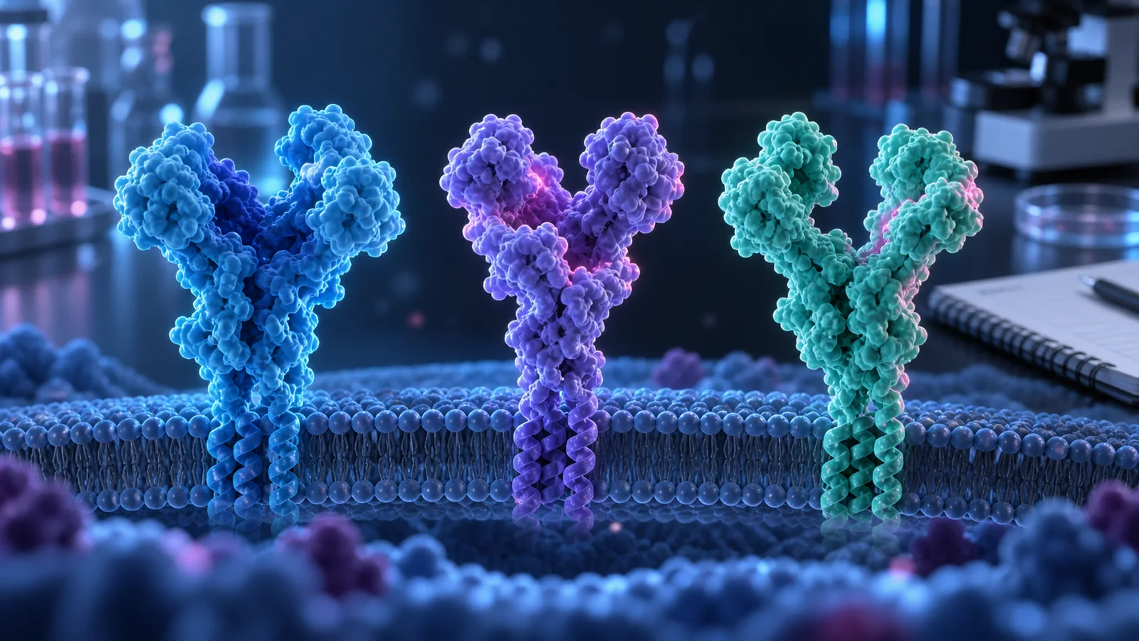 Three differently colored receptor-like forms in a conceptual cell membrane, with laboratory equipment behind them.