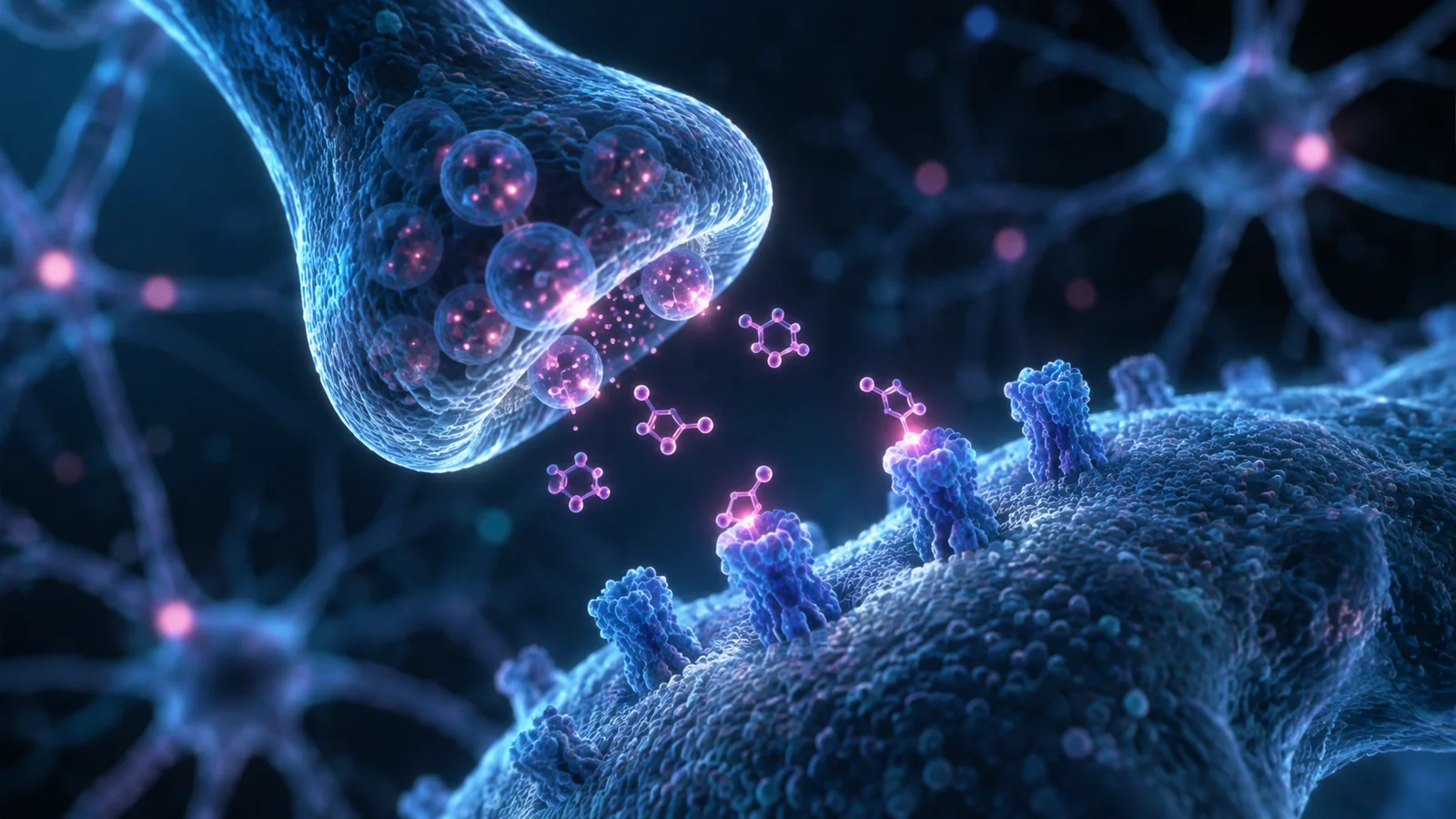 Conceptual close-up of a synapse with pink ring-shaped signals above receptors.