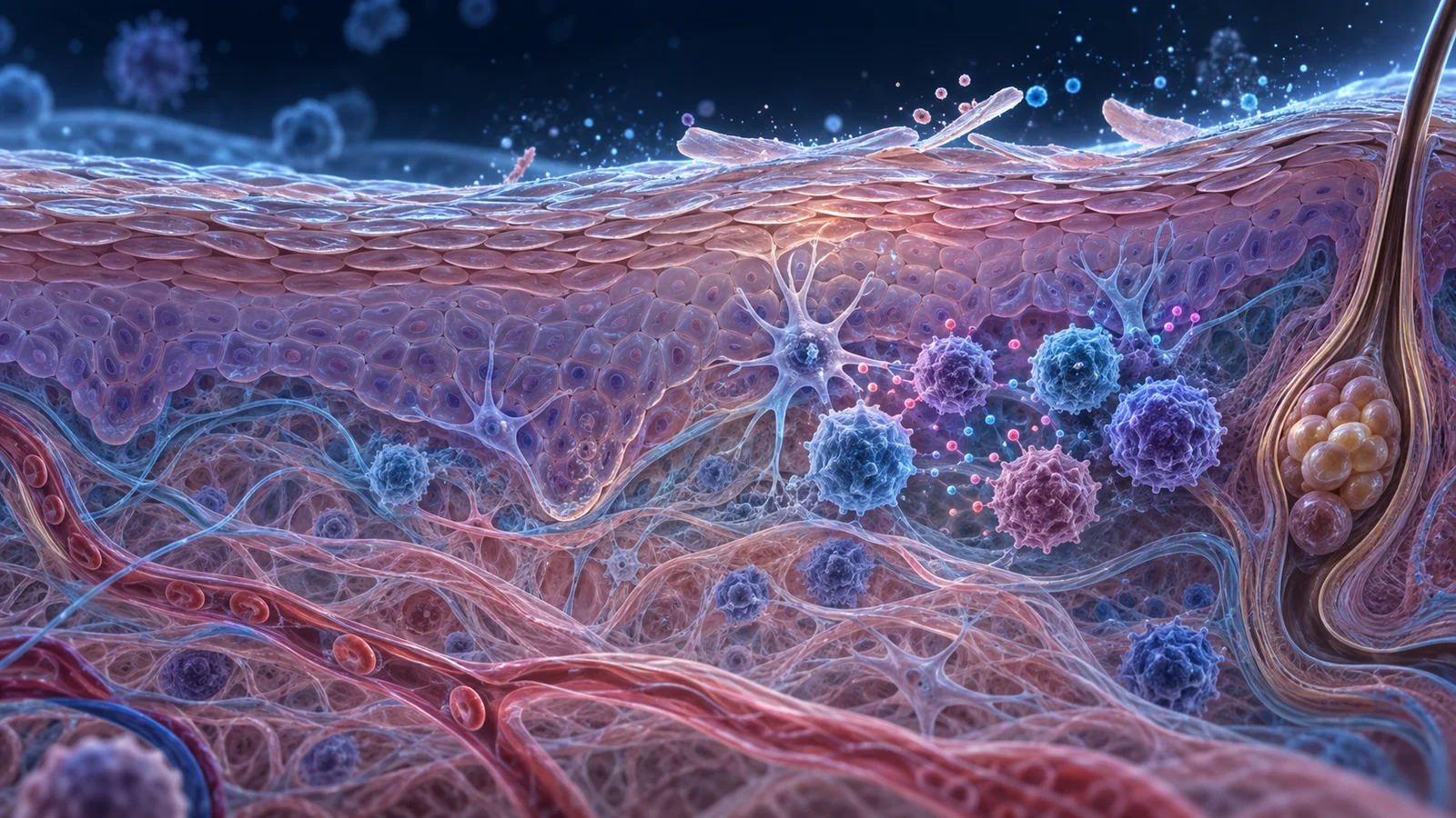 Illustrated skin cross-section with a hair follicle, blood vessels and colored cells beneath the surface.