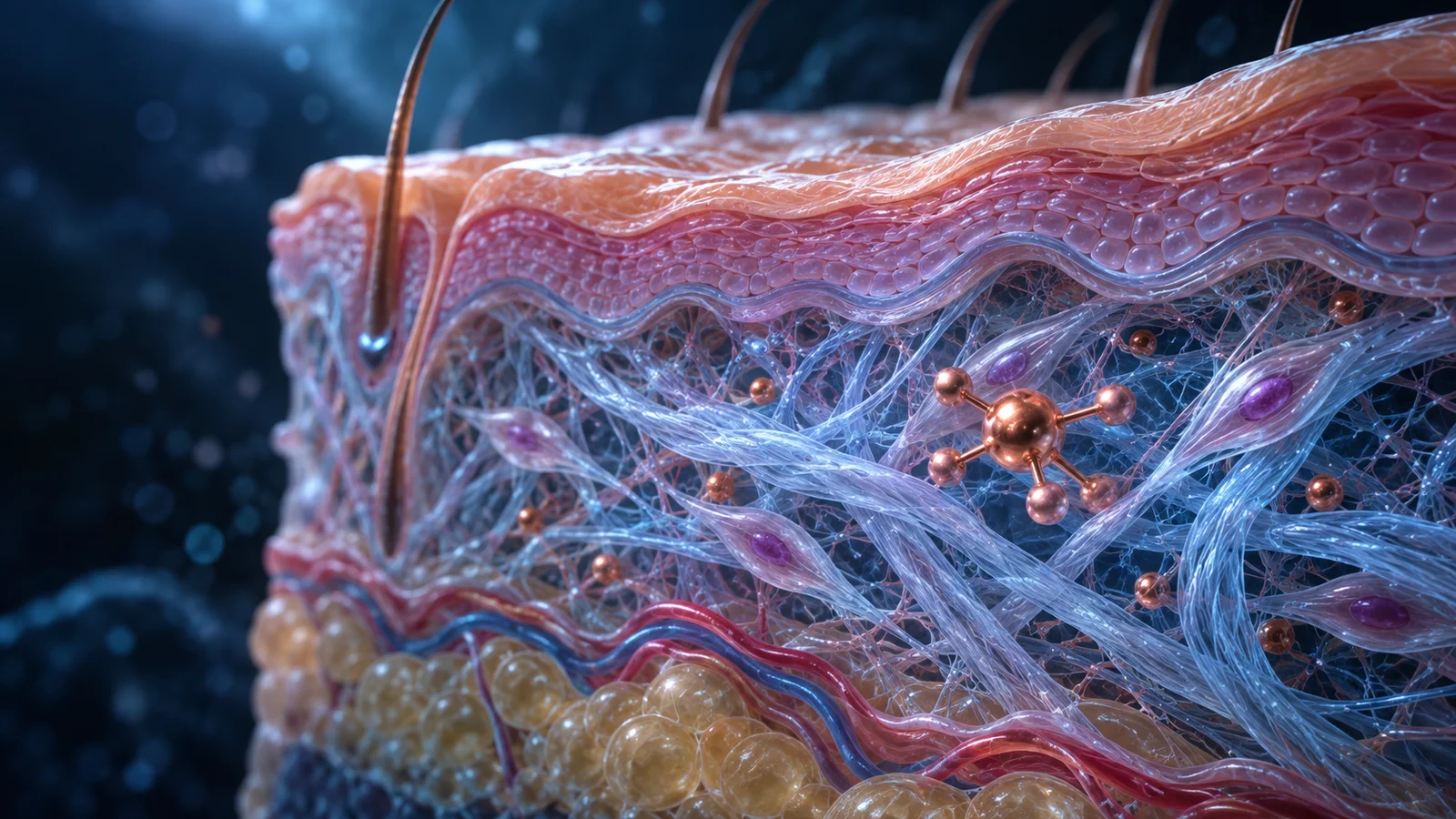 Illustrated skin layers with collagen-like fibers, elongated cells and copper-colored molecular symbols.