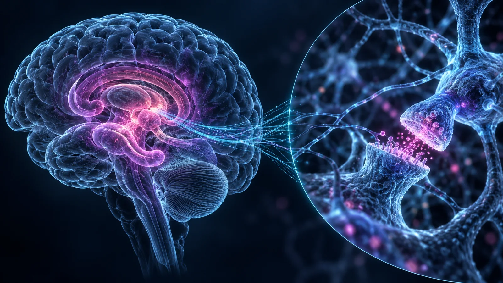 Conceptual brain and synapse illustration with highlighted inner regions and neural connections.