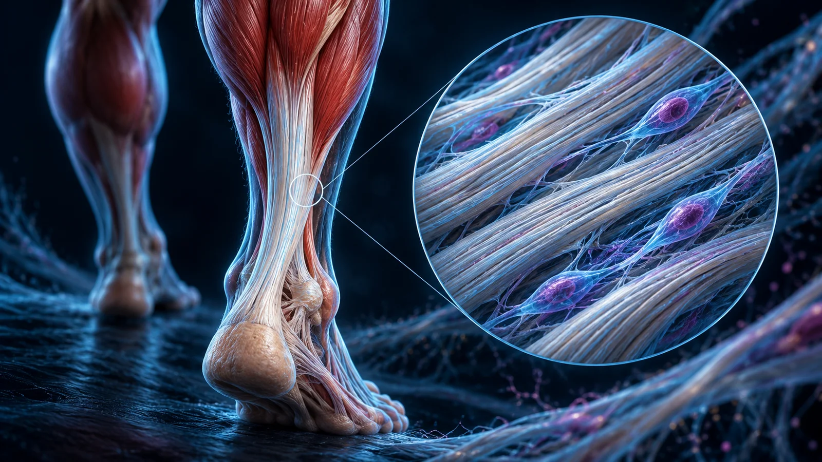 Illustrated calf and Achilles tendon with a magnified view of aligned fibers and elongated cells.