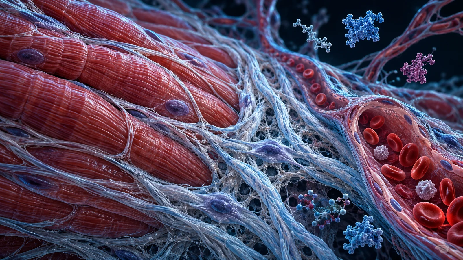 Conceptual muscle fibers, connective tissue and a blood vessel surrounded by stylized molecular forms.