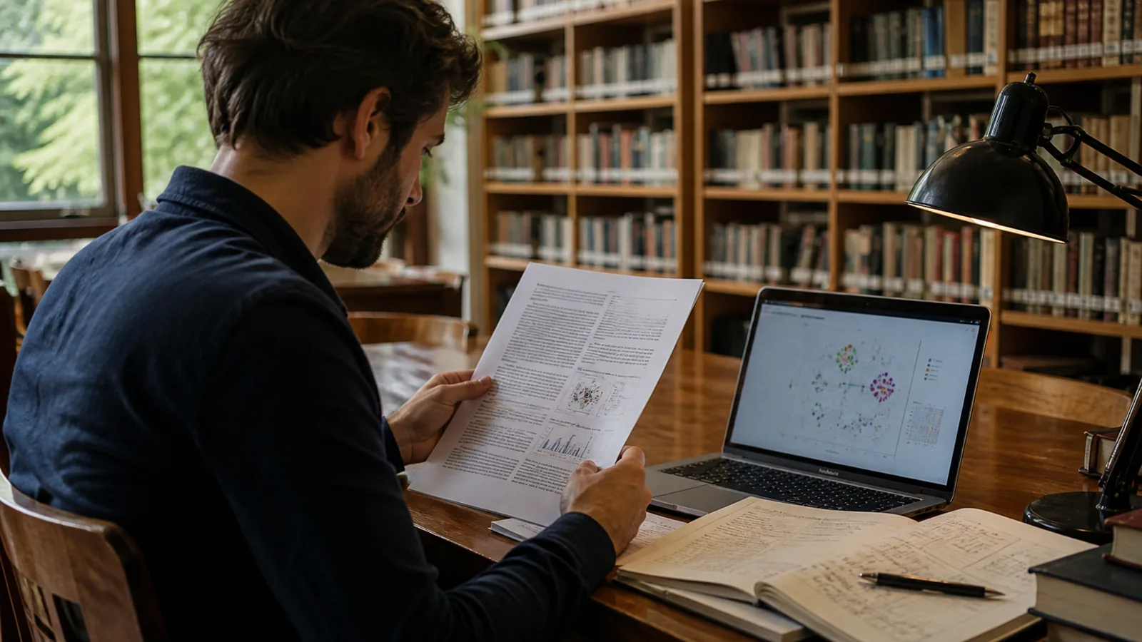 A documentary scene showing an adult carefully reading research and organizing notes.