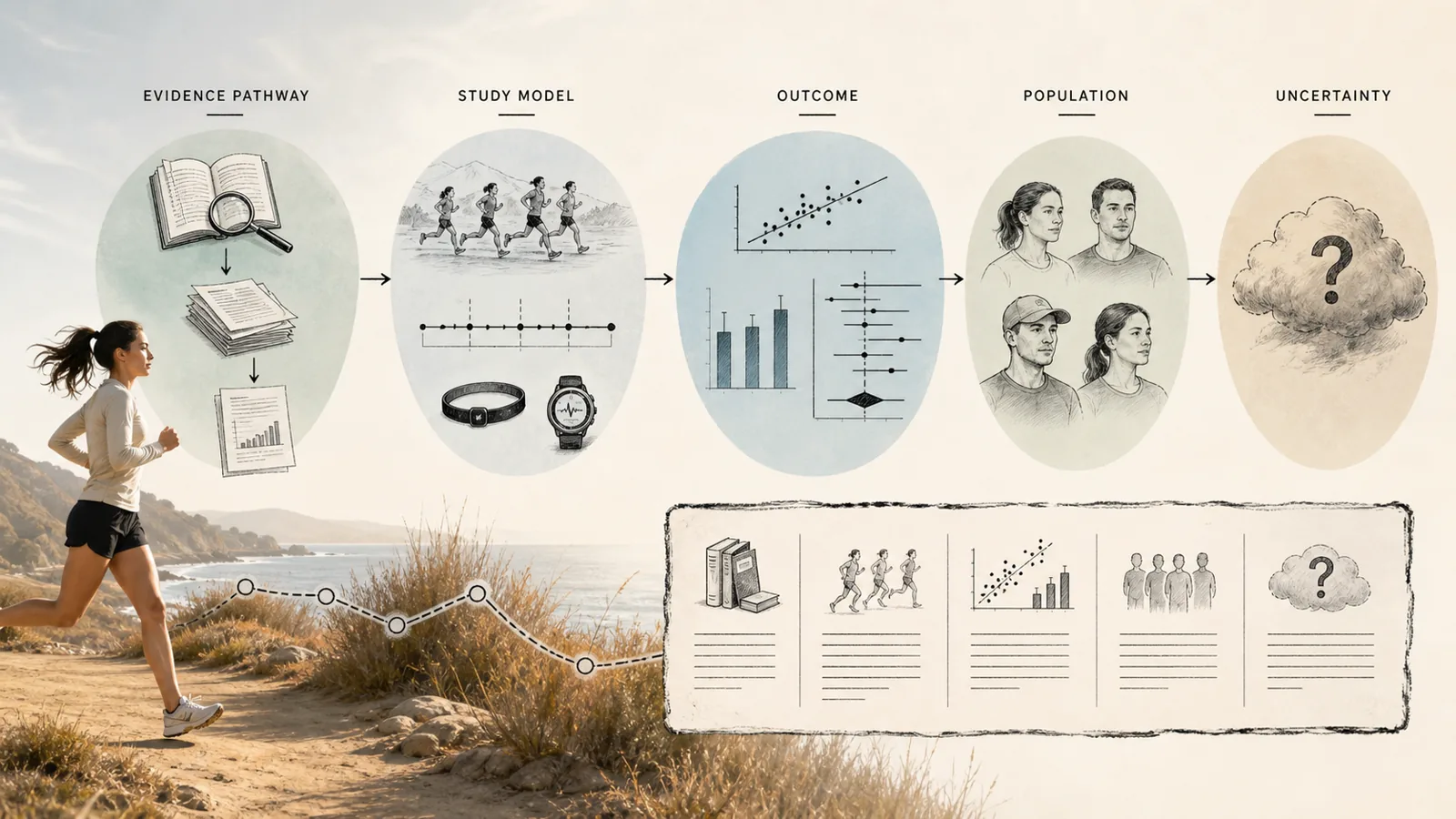 An editorial diagram showing the evidence pathway, study model, outcome, population, and uncertainty.