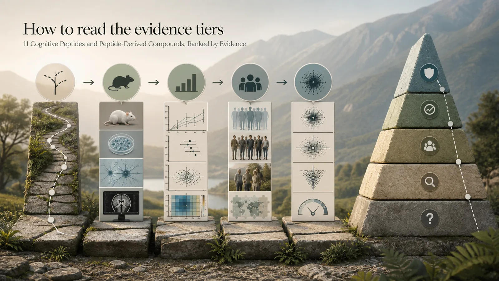 An editorial diagram showing the evidence pathway, study model, outcome, population, and uncertainty.