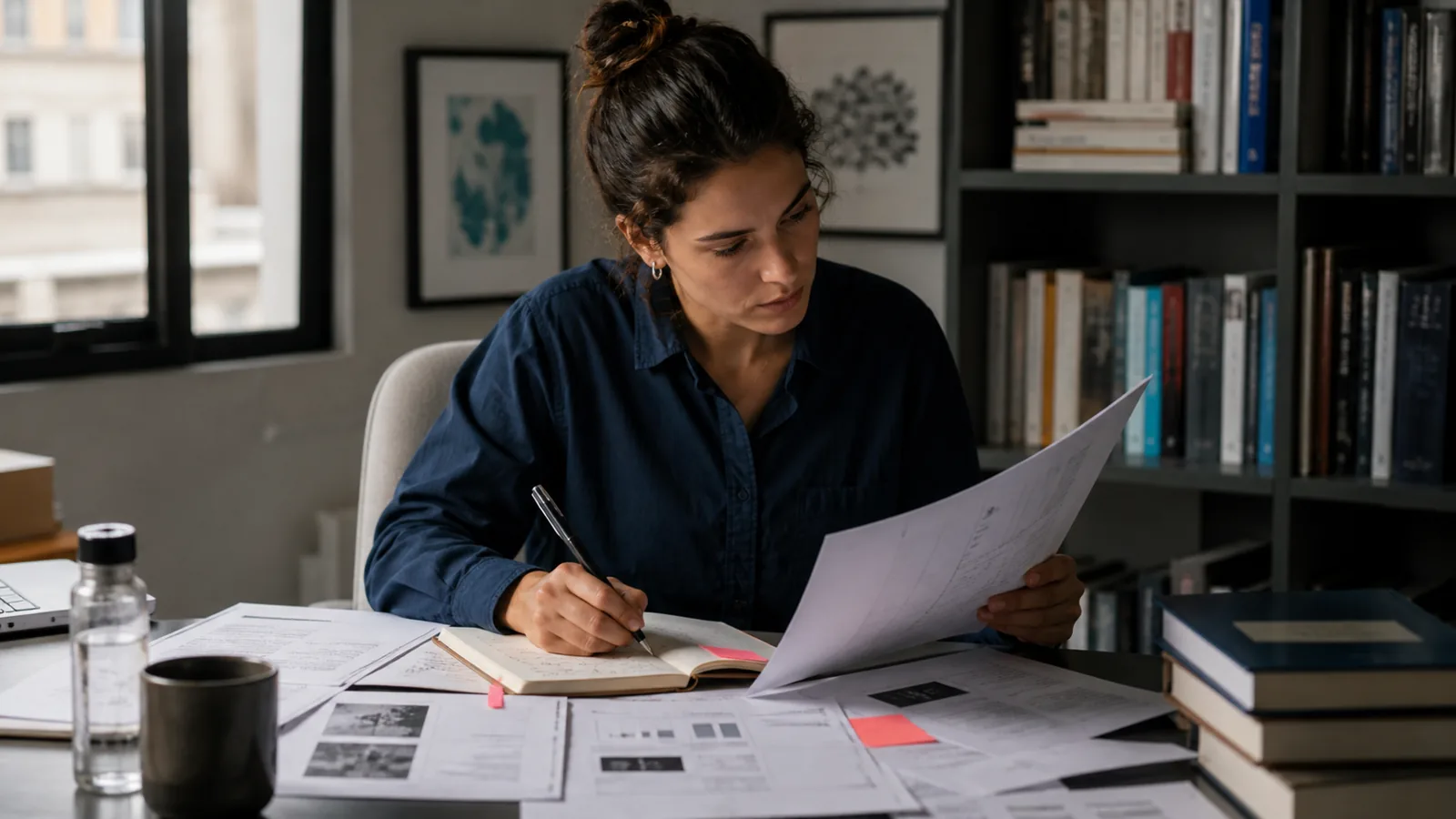 A documentary scene showing an adult carefully reading research and organizing notes.