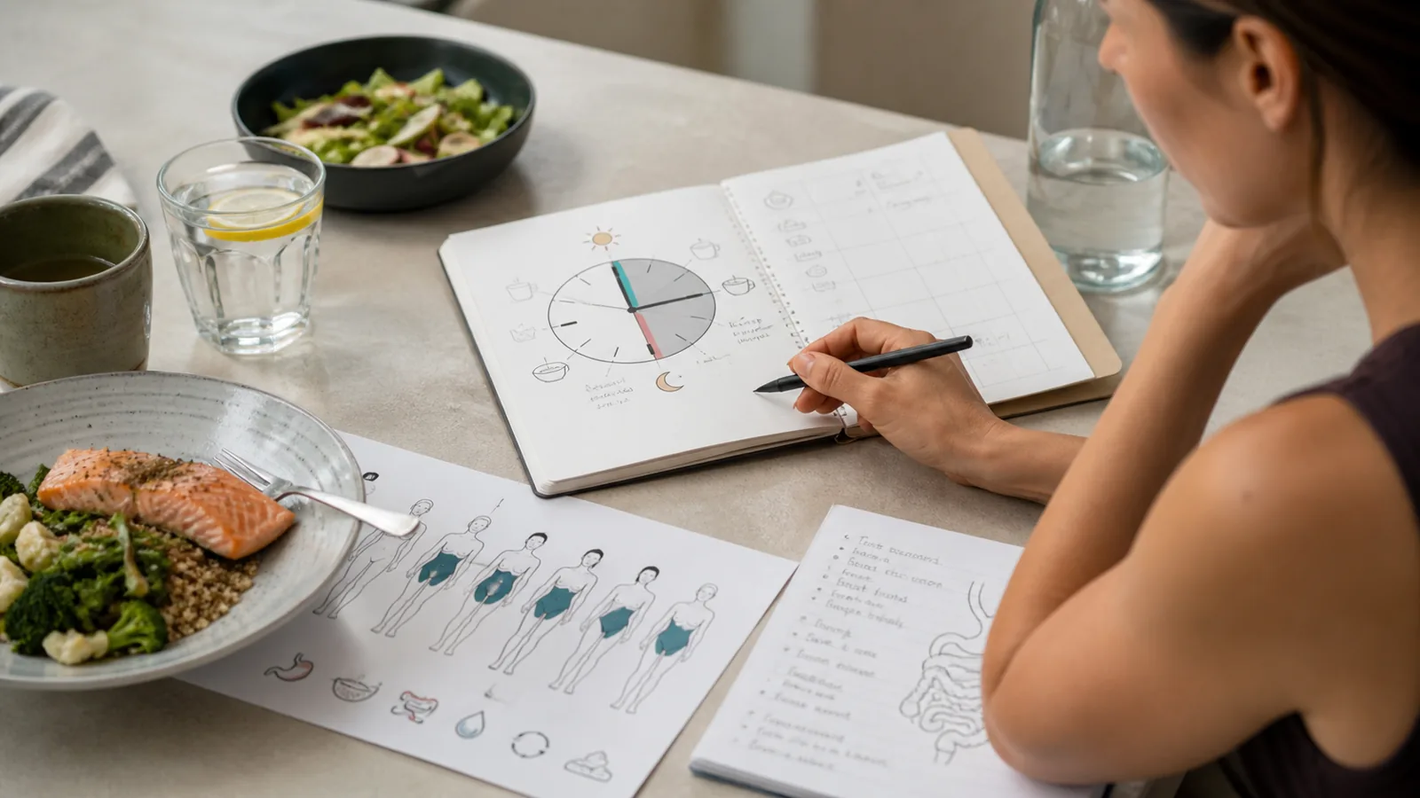 A documentary scene showing meal timing, hydration, digestive patterns, and symptom notes.