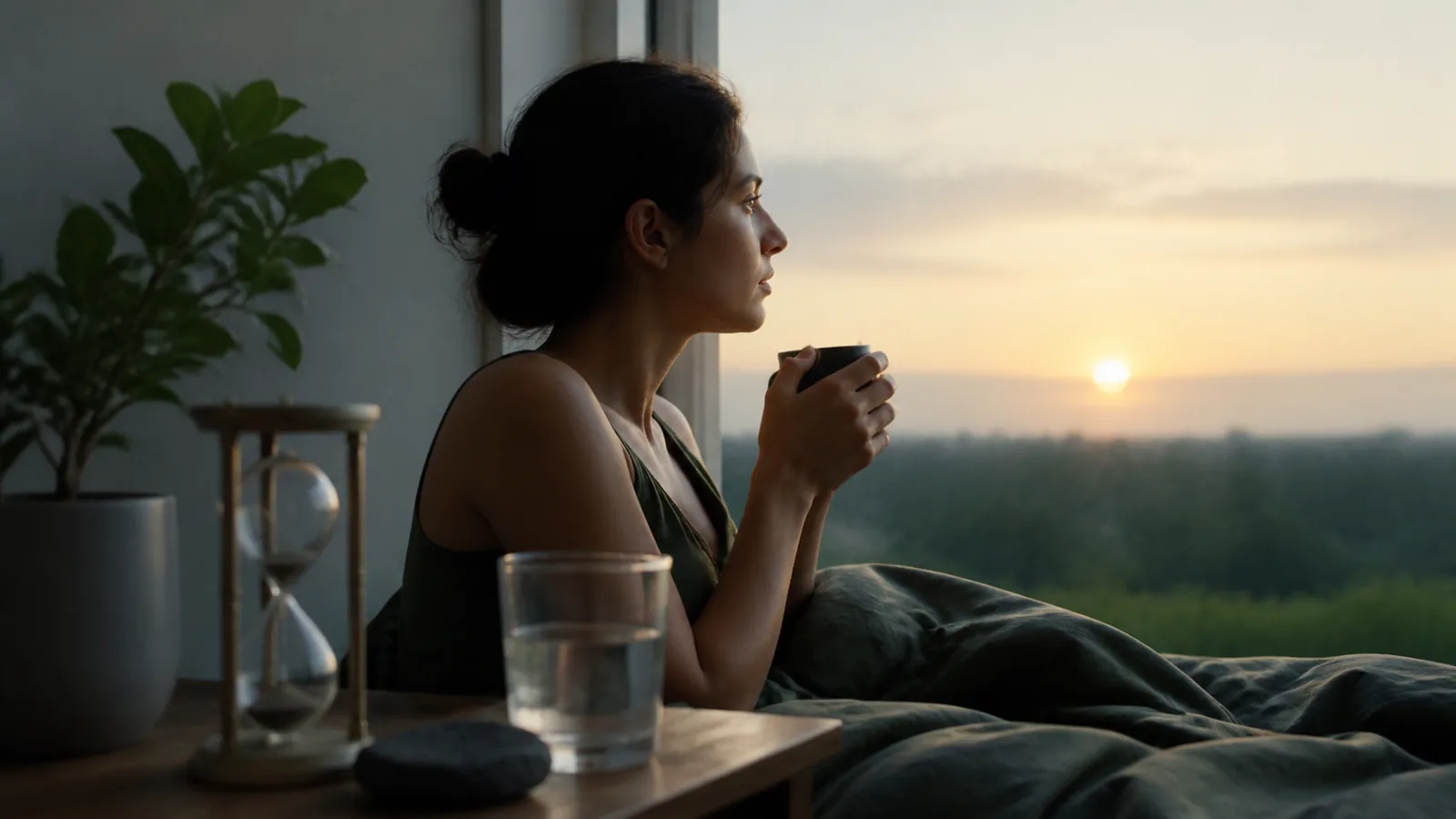 A documentary scene showing a realistic sleep, stress, circadian, or morning-routine context.