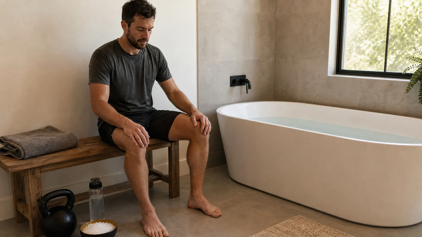 A recreational athlete resting after training beside a warm bath, with Epsom salt, a kettlebell, and water nearby