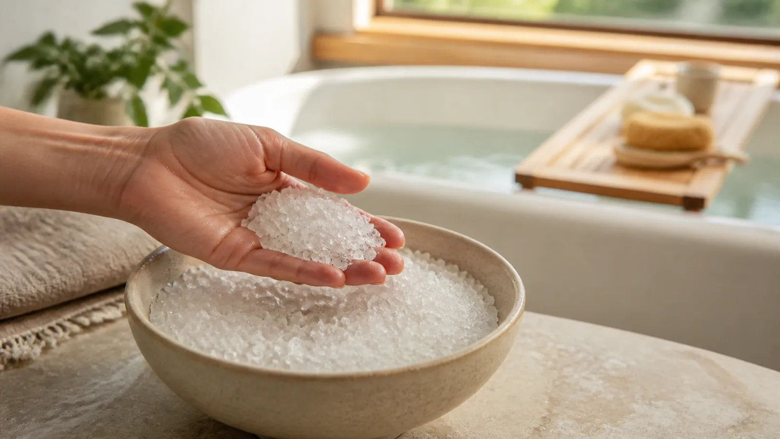 Coarse magnesium sulfate crystals beside a warm bath in natural window light