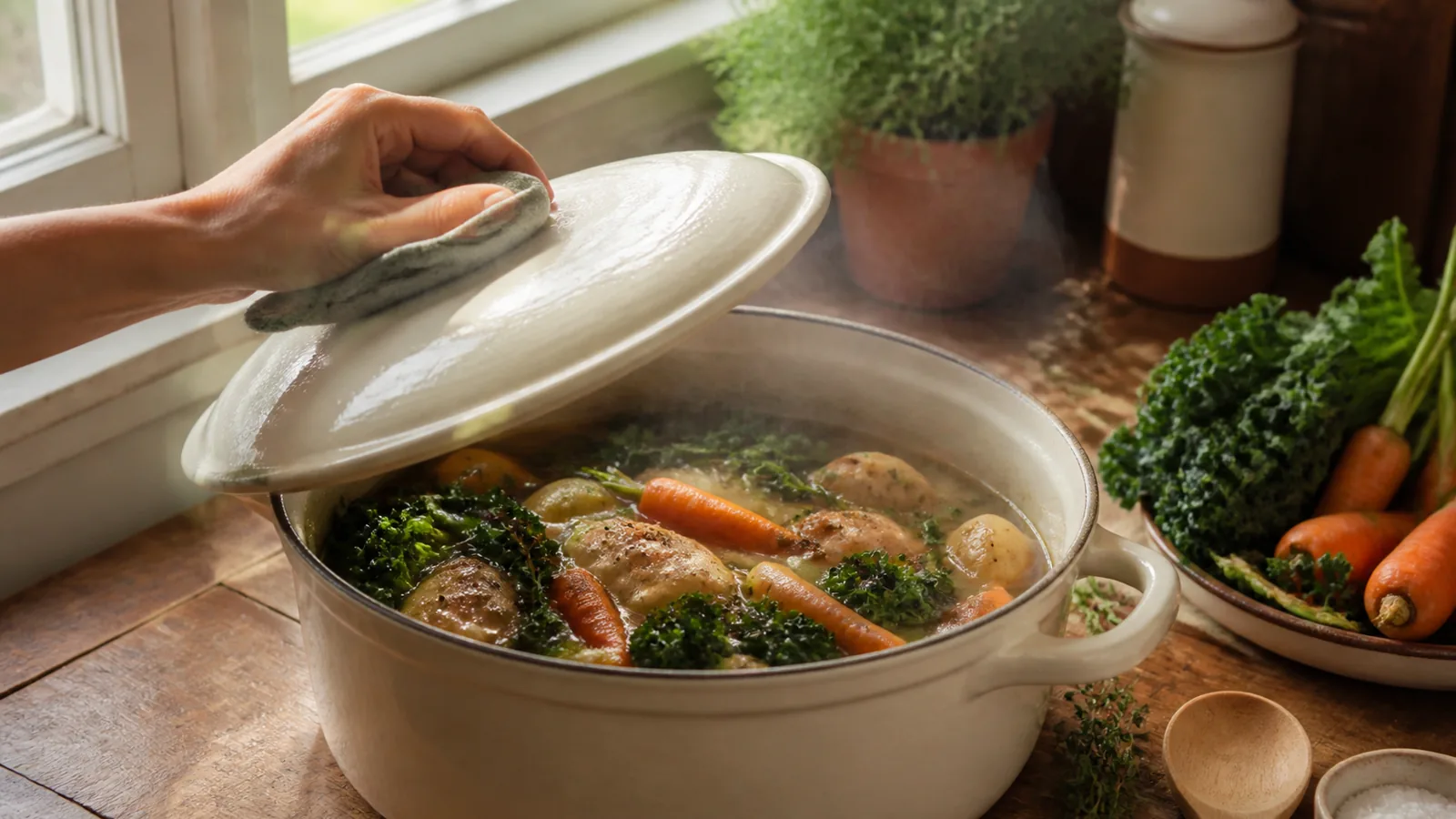 A covered ceramic pot with moist simmering vegetables in a lived-in kitchen