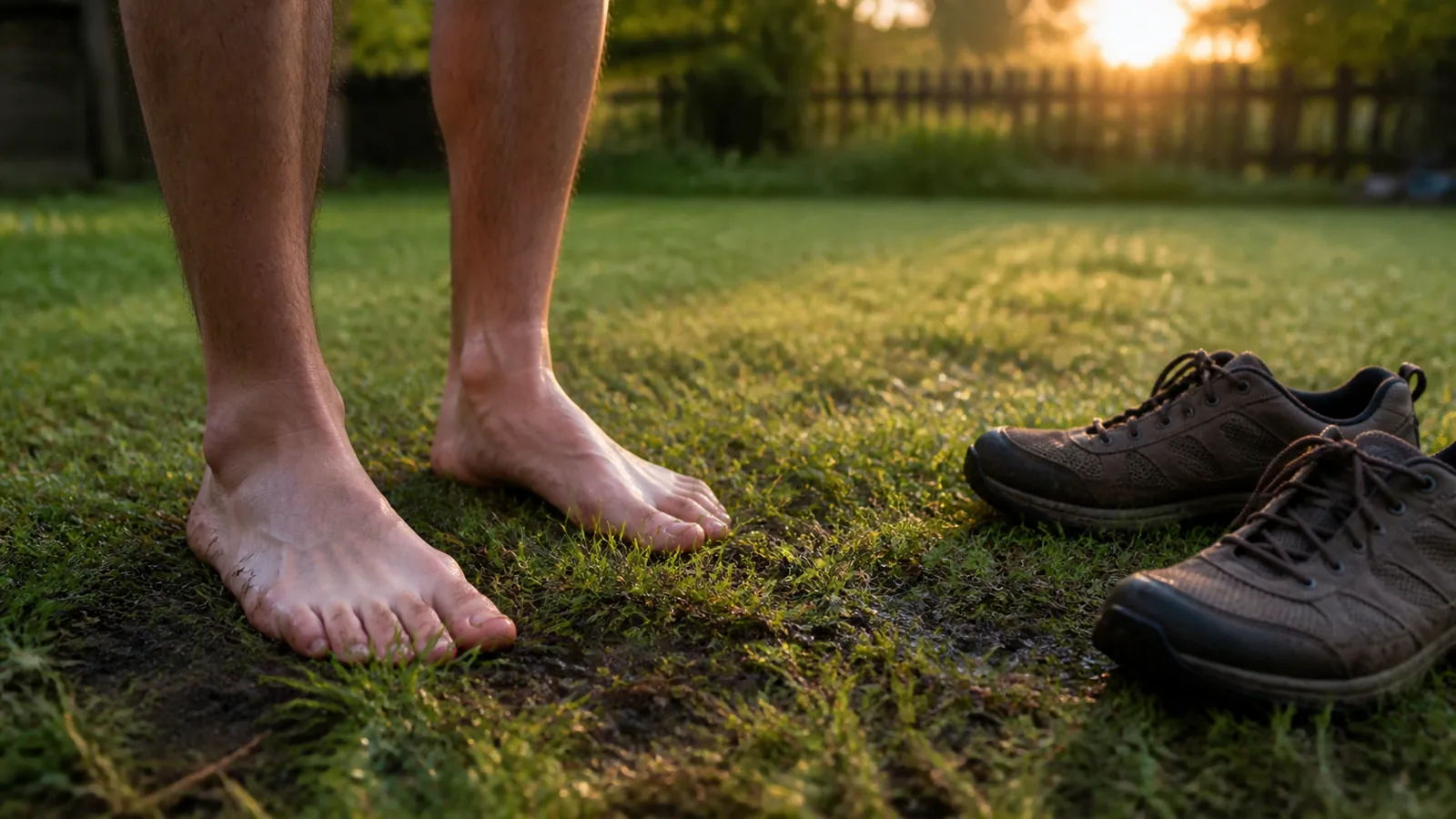 Bare feet resting naturally on damp grass and soil beside ordinary walking shoes