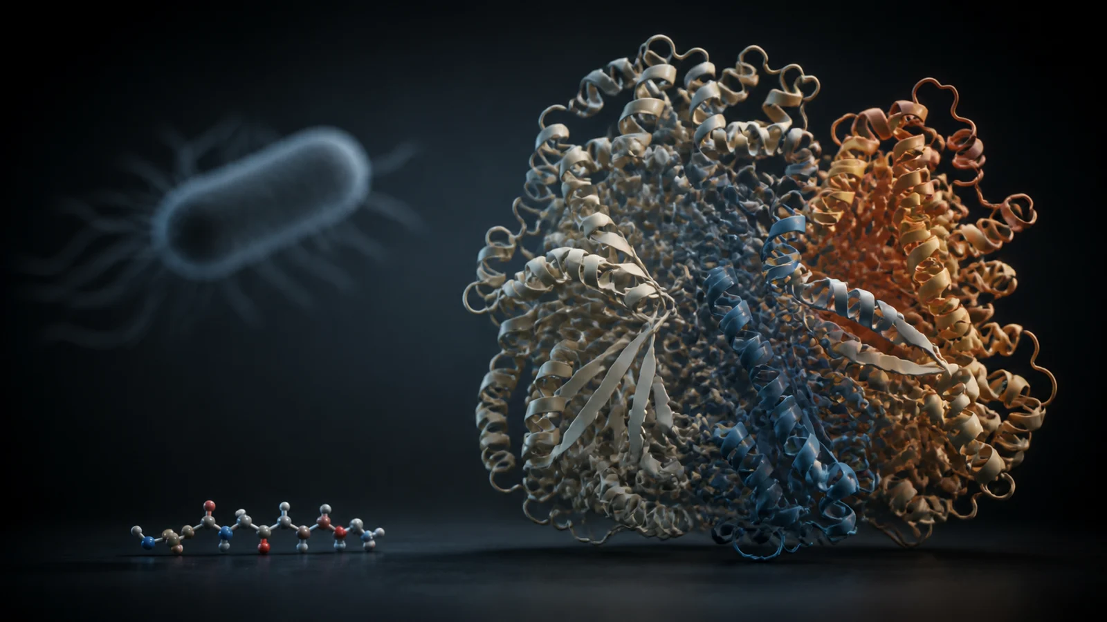 A short amino acid chain beside a much larger folded bacterial protein, showing why botulinum toxin is a protein rather than a peptide