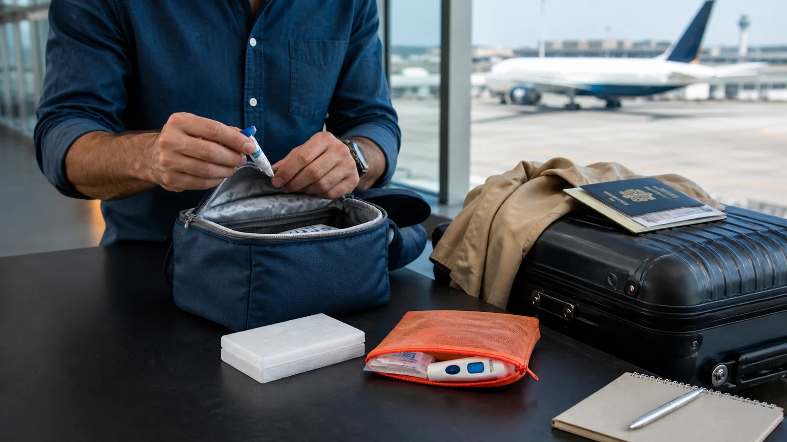 A documentary scene showing organized travel with labels, documents, insulated storage, and temperature checks.