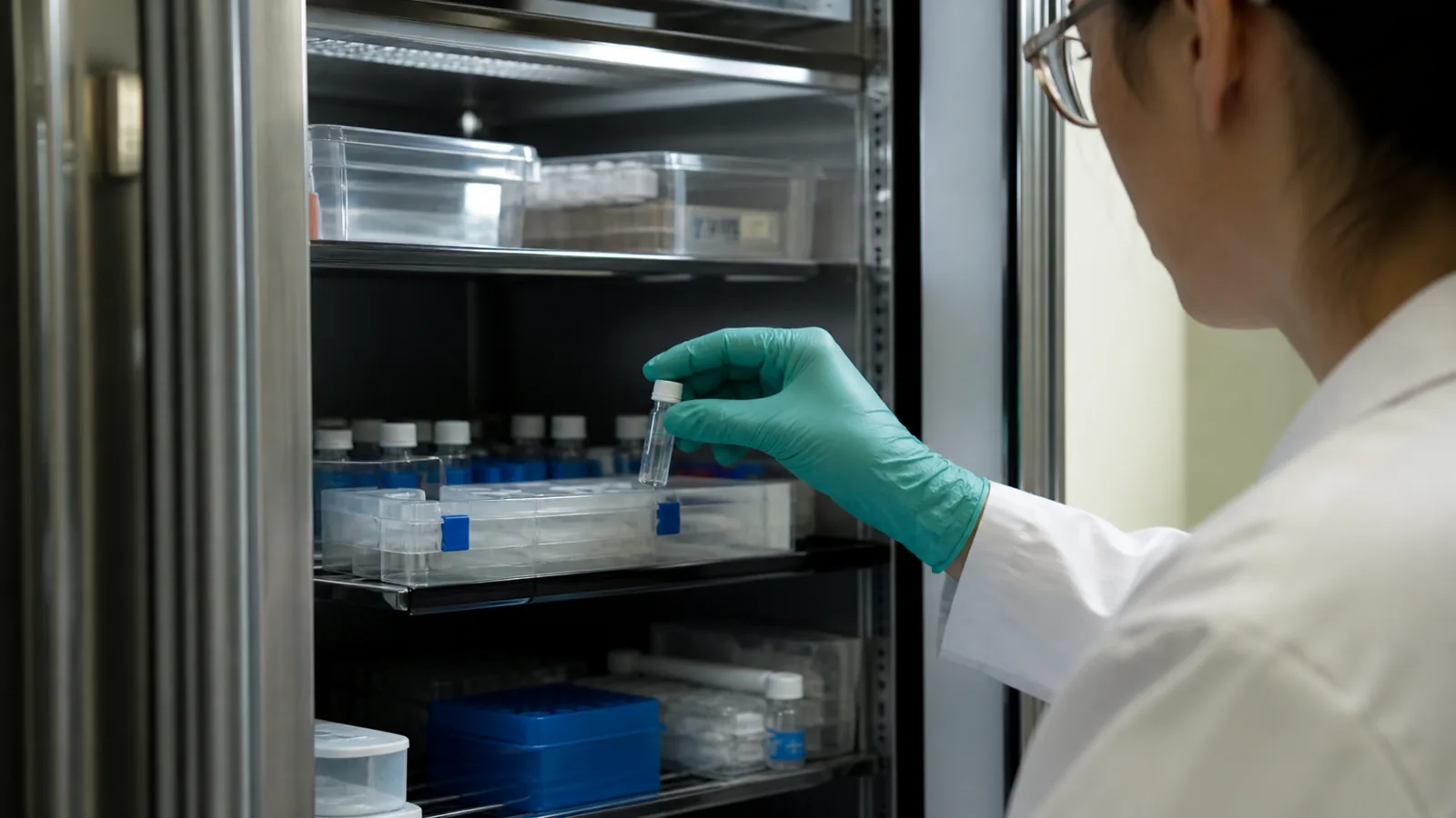 A documentary scene showing organized cold storage, labels, dates, exposure records, and temperature control.