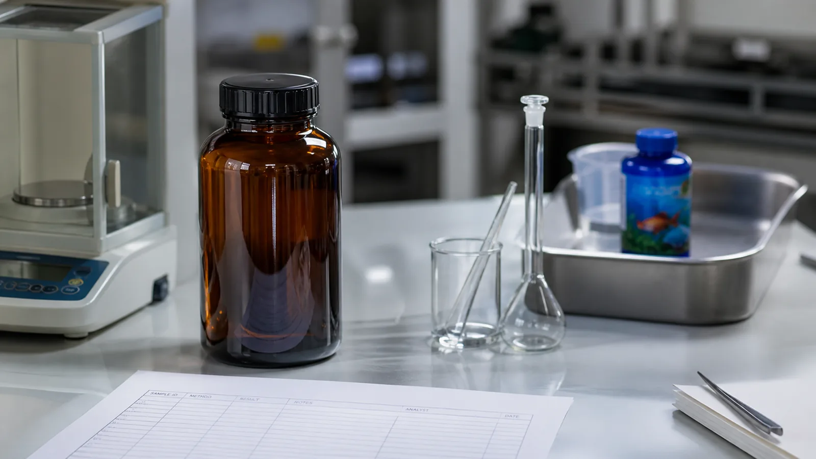 A controlled laboratory reagent and quality report separated from an aquarium treatment product