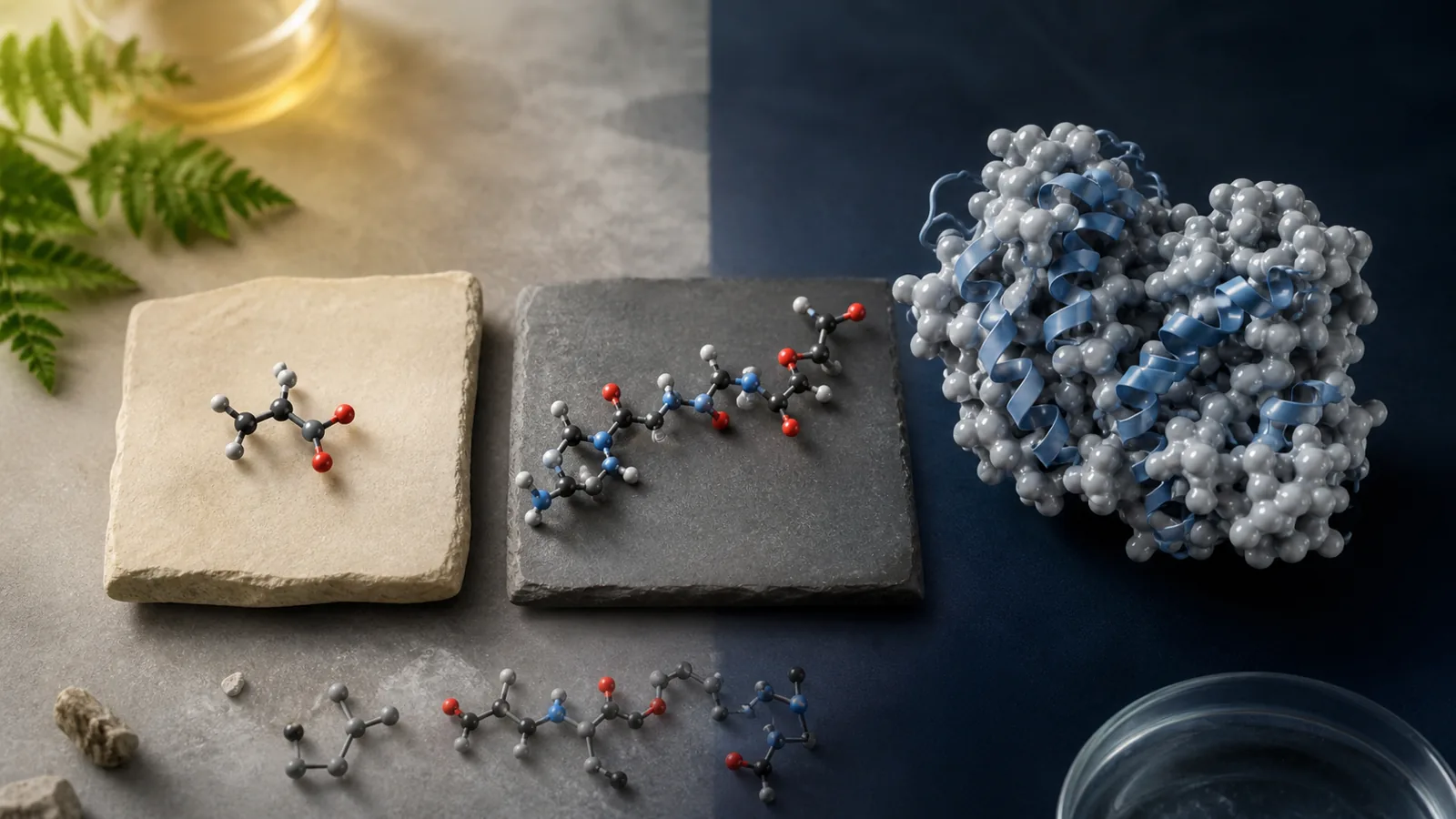 An editorial diagram showing a molecular classification that distinguishes peptides from proteins or other compounds.