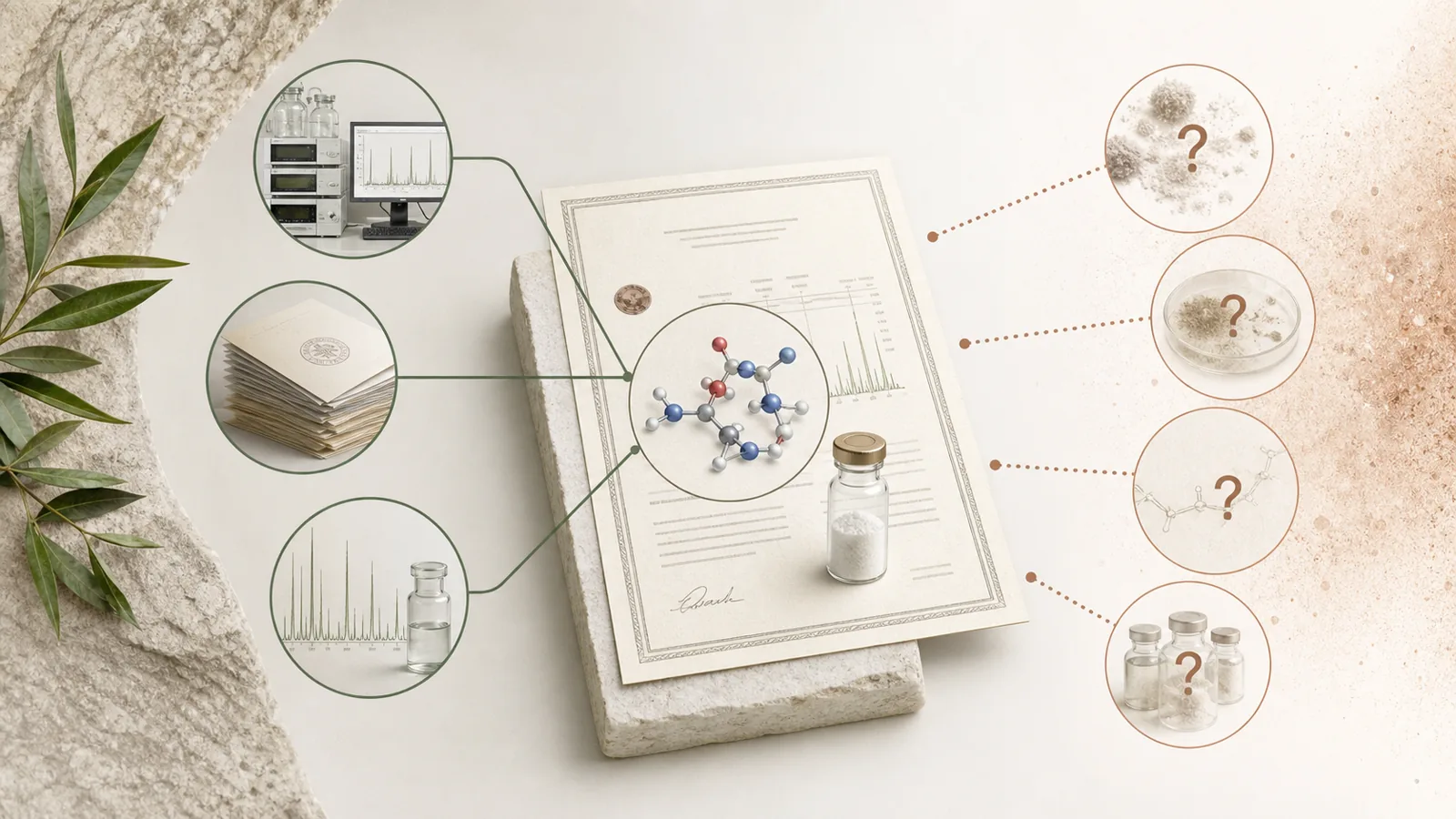 An editorial diagram showing analytical testing, document provenance, identity, purity, and unanswered quality questions.
