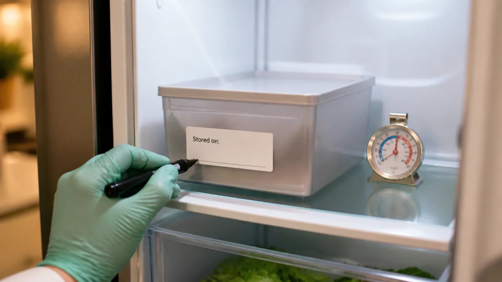 A dedicated refrigerator storage bin receiving a date label beside a simple thermometer