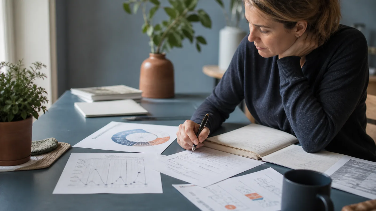 A documentary scene showing a woman reviewing a personal health timeline and contextual evidence.