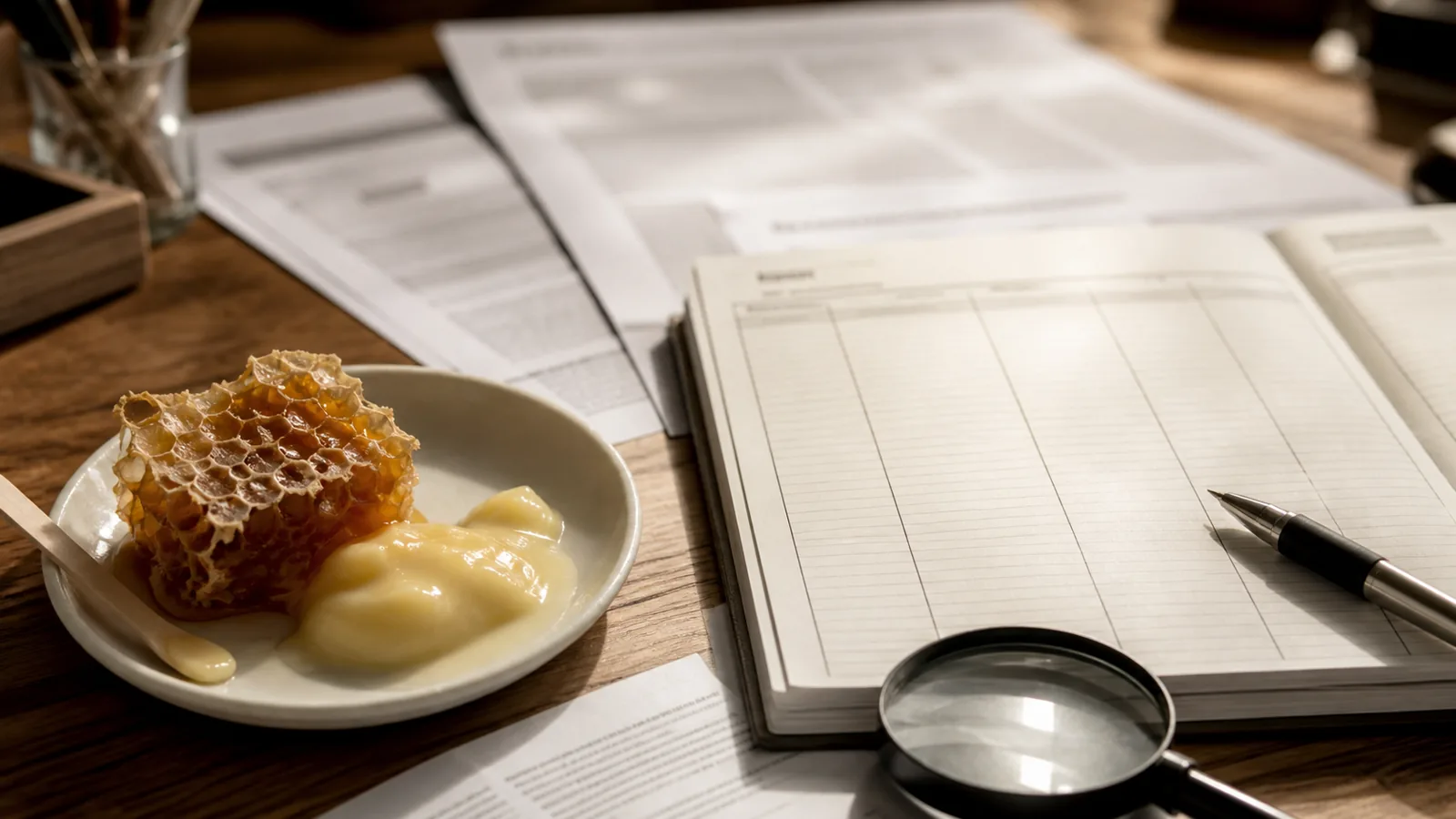 Royal jelly and honeycomb leading toward study papers, an evidence notebook, and a magnifying lens