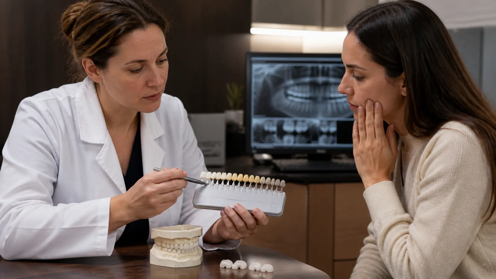 A documentary scene showing a realistic dental consultation using shade, restoration, and sensitivity context.