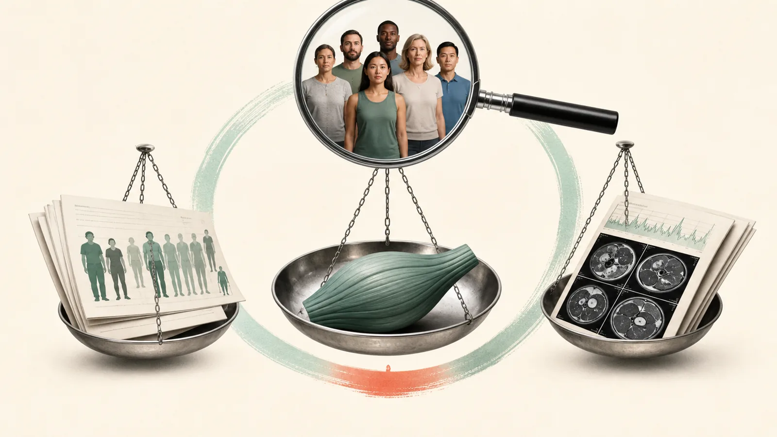 An editorial visual showing the pooled lean-mass finding with population, method, and uncertainty visible.